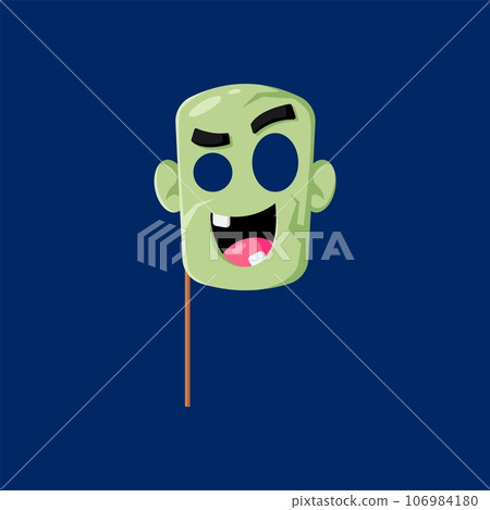 Cartoon Halloween green monster face photo booth mask with props. Isolated vector fearsome creature head with wide open mouth and eye holes, costume for a night of spooky fun and mysterious disguises 106984180