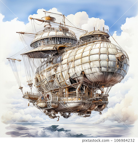 Airship gliding through watercolor skies, surrounded by clouds Airship gliding through watercolor skies, surrounded by clouds 106984232