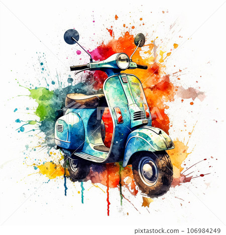 Vivid Watercolor Scooter Whimsical splashes on a diverse backdrop 106984249