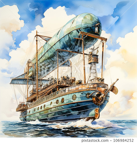 Watercolor scene Dirigible floating in the sky, surrounded by clouds Watercolor scene Dirigible floating in the sky, surrounded by clouds 106984252