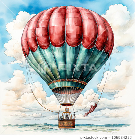 Watercolor art portraying a balloon in the midst of liftoff, surrounded by nature Watercolor art portraying a balloon in the midst of liftoff, surrounded by nature 106984253