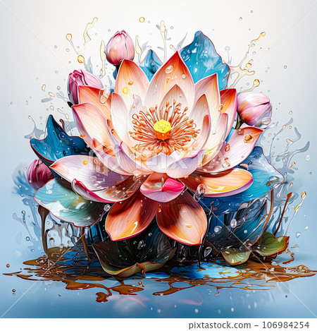 Artistic depiction Watercolor lotus bloom with paint splatters Artistic depiction Watercolor lotus bloom with paint splatters 106984254