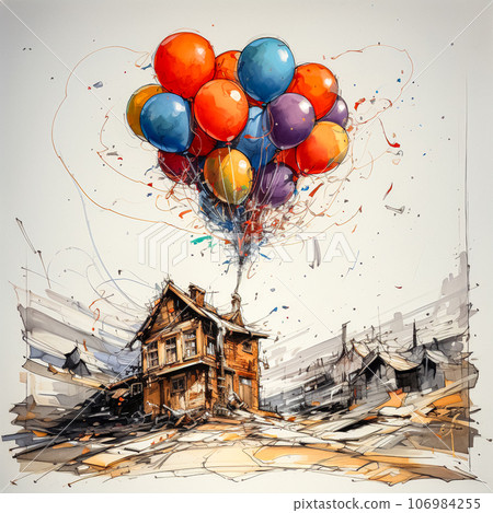 House with air balloons emerging from the chimney House with air balloons emerging from the chimney 106984255