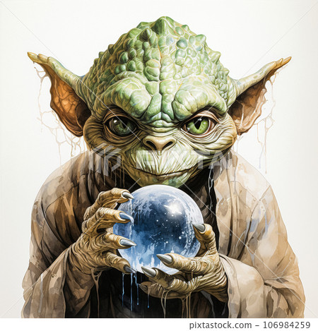Watercolor illustration: Alien cradling Earth planet in its grasp Watercolor illustration: Alien cradling Earth planet in its grasp 106984259