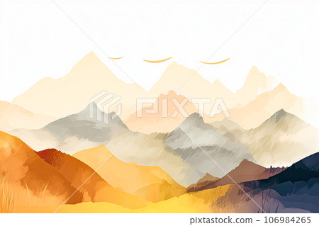 Watercolor scene Majestic mountains in vibrant hues Watercolor scene Majestic mountains in vibrant hues 106984265