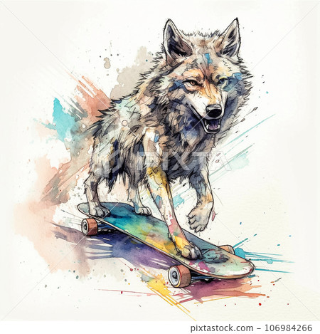 An artistic portrayal of a wolf on a skateboard, with lively paint splashes An artistic portrayal of a wolf on a skateboard, with lively paint splashes 106984266