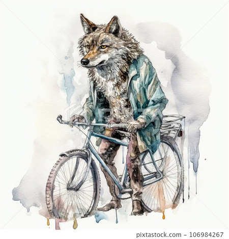 Tired wolf in green jacket riding bicycle watercolor Tired wolf in green jacket riding bicycle watercolor 106984267
