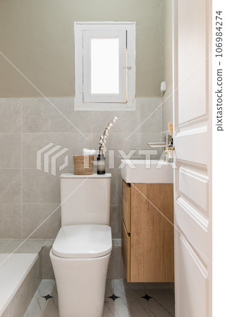 Vertical shot comfortable bathroom with a new renovation toilet bowl bathroom and sink new plumbing and stylish decor with a window in a european hotel. Copyspace Vertical shot comfortable bathroom with a new renovation toilet bowl bathroom and sink new plumbing and stylish decor with a window in a european hotel. Copyspace 106984274