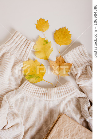 Autumn concept knitted sweater, old book and yellow leaves top and vertical view Autumn concept knitted sweater, old book and yellow leaves top and vertical view 106984396
