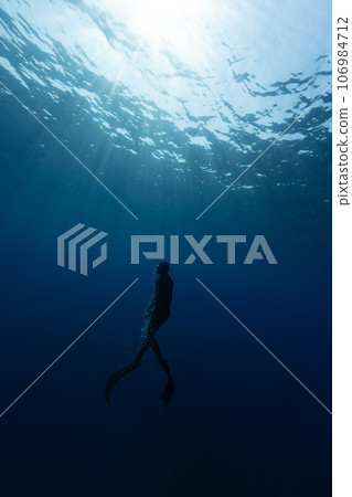 Freediver Swimming in Deep Sea With Sunrays. Young Man DIver Eploring Sea Life. 106984712