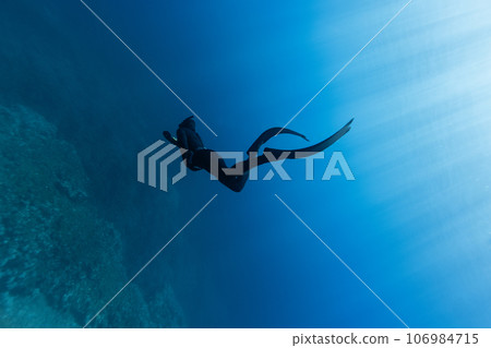 Freediver Swimming in Deep Sea With Sunrays. Young Man DIver Eploring Sea Life. Freediver Swimming in Deep Sea With Sunrays. Young Man DIver Eploring Sea Life. 106984715