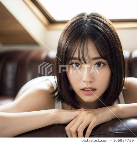 I drew a nice woman sitting on a sofa and looking at the camera using generation. 106984789