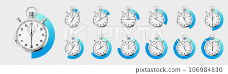 Realistic classic stopwatch. Shiny metal chronometer, time counter with dial. Blue countdown timer showing minutes and seconds. Time measurement for sport, start and finish. Vector illustration Realistic classic stopwatch. Shiny metal chronometer, time counter with dial. Blue countdown timer showing minutes and seconds. Time measurement for sport, start and finish. Vector illustration 106984830