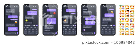 Smartphone messaging app, user interface with emoji. SMS text frame. Chat screen, violet message bubbles. Texting app for communication. Social media application. Dark mode. Vector illustration 106984848