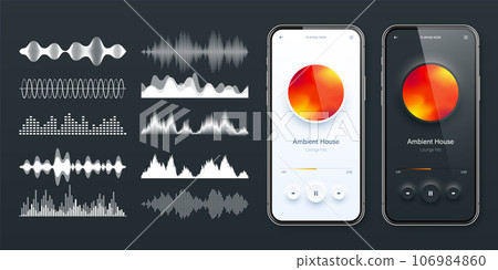Online audio player user interface, smartphone app UI design. Music, media streaming and listening platform. Responsive mobile application. Neumorphism. Various sound waves. Vector illustration 106984860