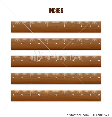 Realistic various wooden rulers with measurement scale and divisions, measure marks. School ruler, centimeter and inch scale for length measuring. Office supplies. Vector illustration Realistic various wooden rulers with measurement scale and divisions, measure marks. School ruler, centimeter and inch scale for length measuring. Office supplies. Vector illustration 106984871
