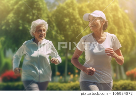 Close up of happy running elderly womens, in sportswear, in the autumn in the park 106984872