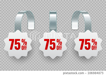 Supermarket promotional wobblers. Realistic white wobbler template for shelf advertising, 75 percent off discount. Sale label with ad text. Special offer price tag. Vector illustration 106984873