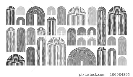 Mid century arch elements, modern geometric shapes. Contemporary design, minimalist art. Hand drawn lines. Trendy design elements for wall decor, posters, books and covers. Vector illustration Mid century arch elements, modern geometric shapes. Contemporary design, minimalist art. Hand drawn lines. Trendy design elements for wall decor, posters, books and covers. Vector illustration 106984895