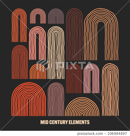 Mid century arch elements, modern geometric shapes. Contemporary design, minimalist art. Hand drawn lines. Trendy design elements for wall decor, posters, books and covers. Vector illustration Mid century arch elements, modern geometric shapes. Contemporary design, minimalist art. Hand drawn lines. Trendy design elements for wall decor, posters, books and covers. Vector illustration 106984897