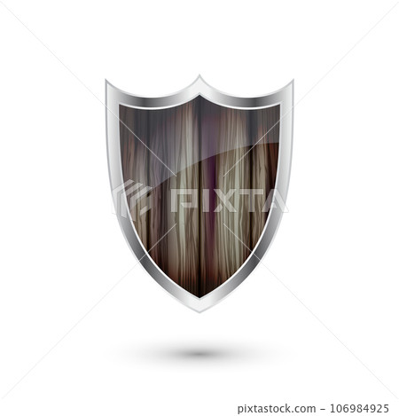 Wooden vintage shield icon. Black heraldic shield. Protection and security symbol, label. Vector illustration 106984925
