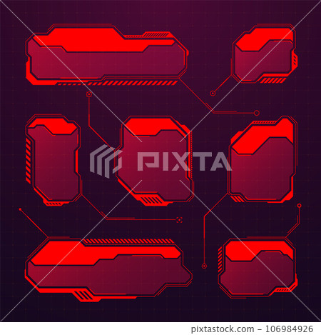 Red futuristic HUD or UI elements. Sci-fi user interface text boxes, callouts. Warning message frames, information boxes template. Modern game interface layout in digital style. Vector illustration 106984926