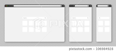 Blank web browser window with tab, toolbar and search field. Modern website, internet page in flat style. Browser mockup for computer, tablet and smartphone. Vector illustration 106984928