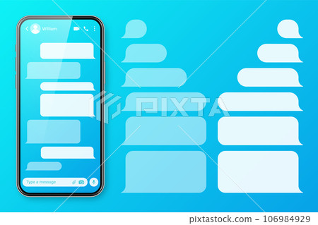 Realistic smartphone with messaging app on colorful blue background. Blank SMS text frame. Chat screen with transparent message bubbles. Social media application. Vector illustration 106984929