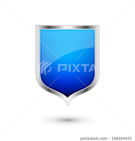 Vintage heraldic 3d shield icon with shiny metal frame. Blue protection, security and defence symbol. Medieval design element. Vector illustration 106984932