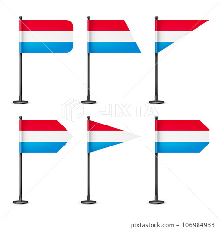 Luxembourgish table flags on a black steel pole. Souvenir from Luxembourg. Desk flag made of paper or fabric, shiny metal stand. Mockup for promotion and advertising. Vector illustration Luxembourgish table flags on a black steel pole. Souvenir from Luxembourg. Desk flag made of paper or fabric, shiny metal stand. Mockup for promotion and advertising. Vector illustration 106984933