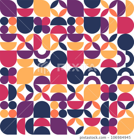 Geometric trendy pattern, Bauhaus style. Modern colorful background with simple elements. Retro texture with basic geometric shapes. Print design, minimalist poster cover. Vector illustration Geometric trendy pattern, Bauhaus style. Modern colorful background with simple elements. Retro texture with basic geometric shapes. Print design, minimalist poster cover. Vector illustration 106984945