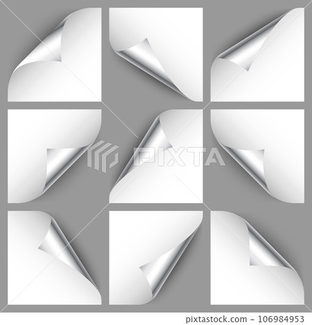 Set of silver paper curls. Curled page corner with shadow. Blank sheet of paper. Colorful shiny foil. Design element for advertising and promotion. Vector illustration. Set of silver paper curls. Curled page corner with shadow. Blank sheet of paper. Colorful shiny foil. Design element for advertising and promotion. Vector illustration. 106984953