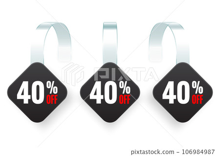 Supermarket promotional wobblers. Realistic black wobbler template for shelf advertising, 40 percent off discount. Sale label with ad text. Special offer price tag. Vector illustration Supermarket promotional wobblers. Realistic black wobbler template for shelf advertising, 40 percent off discount. Sale label with ad text. Special offer price tag. Vector illustration 106984987