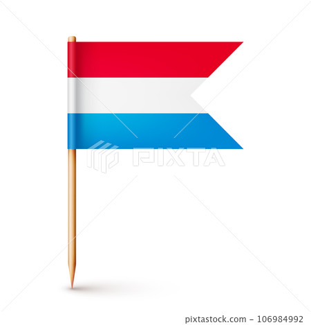 Luxembourgish toothpick flag. Souvenir from Luxembourg. Wooden toothpick with paper flag. Location mark, map pointer. Blank mockup for advertising and promotions. Vector illustration Luxembourgish toothpick flag. Souvenir from Luxembourg. Wooden toothpick with paper flag. Location mark, map pointer. Blank mockup for advertising and promotions. Vector illustration 106984992