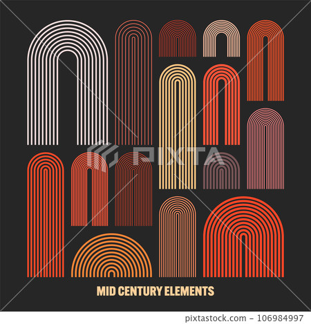 Mid century arch elements, modern geometric shapes. Contemporary design, minimalist art. Trendy design elements for wall decor, posters, books, covers and flyers. Vector illustration 106984997