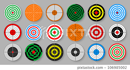 Shooting range paper targets. Round target with divisions, marks and numbers. Archery, gun shooting practise and training, sport competition and hunting. Bullseye and aim. Vector illustration 106985002