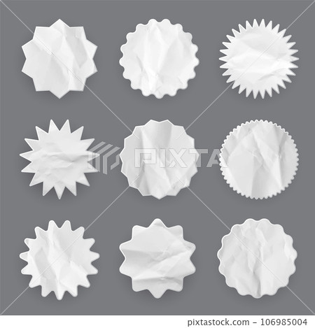 Crumpled paper shopping labels. Sale or discount sticker with cardboard texture. Special offer price tag. Supermarket promotional badge. Sunburst icon. Vector illustration Crumpled paper shopping labels. Sale or discount sticker with cardboard texture. Special offer price tag. Supermarket promotional badge. Sunburst icon. Vector illustration 106985004