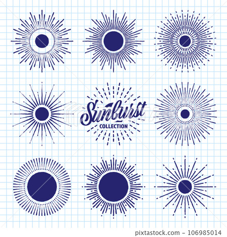 Hand drawn vintage sunburst, sunset beams on checkered paper sheet. Bursting sun, light rays. Logotype or lettering design element in retro style. School notebook for drawing. Vector illustration Hand drawn vintage sunburst, sunset beams on checkered paper sheet. Bursting sun, light rays. Logotype or lettering design element in retro style. School notebook for drawing. Vector illustration 106985014