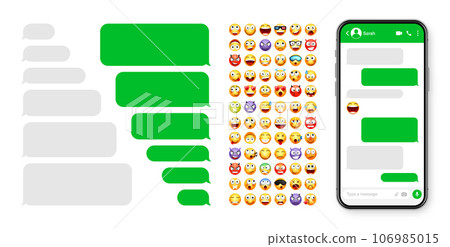 Smartphone messaging app, user interface design with emoji. SMS text frame. Chat screen with green message bubbles. Texting app for communication. Social media application. Vector illustration Smartphone messaging app, user interface design with emoji. SMS text frame. Chat screen with green message bubbles. Texting app for communication. Social media application. Vector illustration 106985015