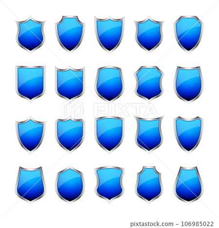 Set of various vintage 3d shield icons. Black heraldic shields. Blue protection and security symbol, label. Vector illustration Set of various vintage 3d shield icons. Black heraldic shields. Blue protection and security symbol, label. Vector illustration 106985022