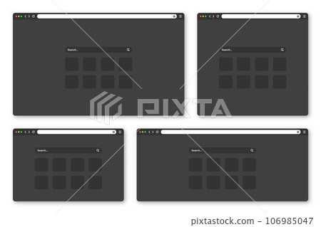 Blank web browser window with toolbar and search field. Modern website, internet page in flat style. Browser mockup for computer, tablet and smartphone. Adaptive UI, dark mode. Vector illustration 106985047