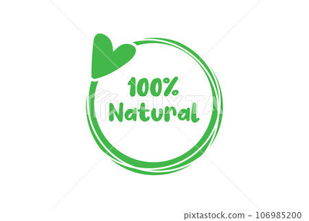 Natural 100% sign, label, sticker, text design with green line contour and heart, white background 106985200