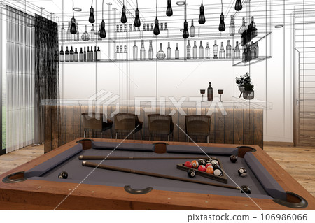 pool table with counter bar in relax room, 3d rendering wire frame 106986066