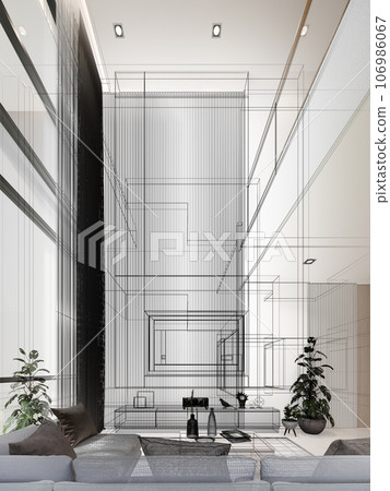 cozy  living room  interior design, 3d rendering wire frame 106986067
