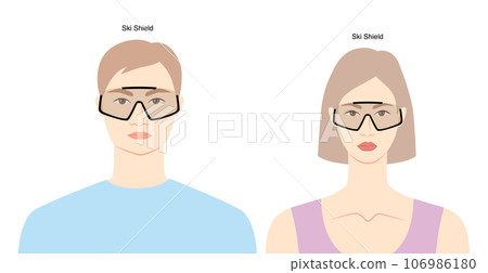 Ski Shield frame glasses on women and men flat character fashion accessory illustration. Sunglass front view unisex 106986180