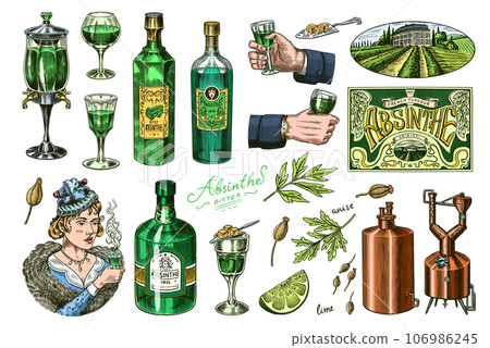 Bottle of Absinthe Glass shot. Woman holding a toast drink. Pot Swan necked copper stills distillery 106986245