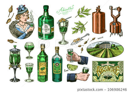Bottle of Absinthe Glass shot. Woman holding a toast drink. Pot Swan necked copper stills distillery 106986246