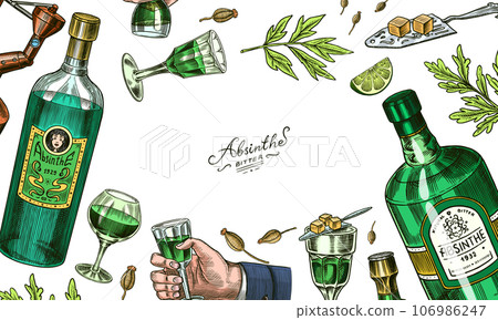 Bottle of Absinthe Glass shot poster or banner. Label for retro menu or web. Engraved hand drawn Bottle of Absinthe Glass shot poster or banner. Label for retro menu or web. Engraved hand drawn 106986247