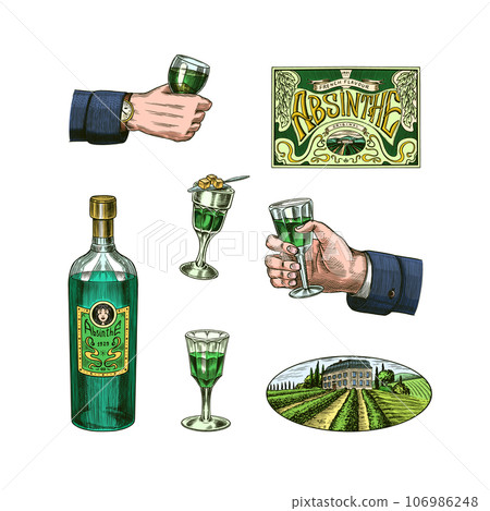 Bottle of Absinthe Glass shot. Woman holding a toast drink. Pot Swan necked copper stills distillery Bottle of Absinthe Glass shot. Woman holding a toast drink. Pot Swan necked copper stills distillery 106986248