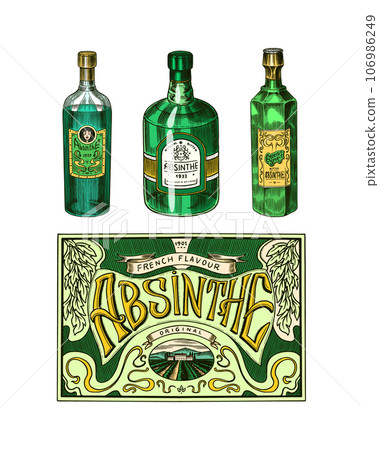 Bottle of Absinthe Glass shot. Woman holding a toast drink. Pot Swan necked copper stills distillery 106986249